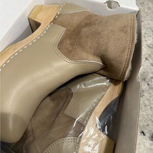 No.6 shearling clog boot on mid heel in clay